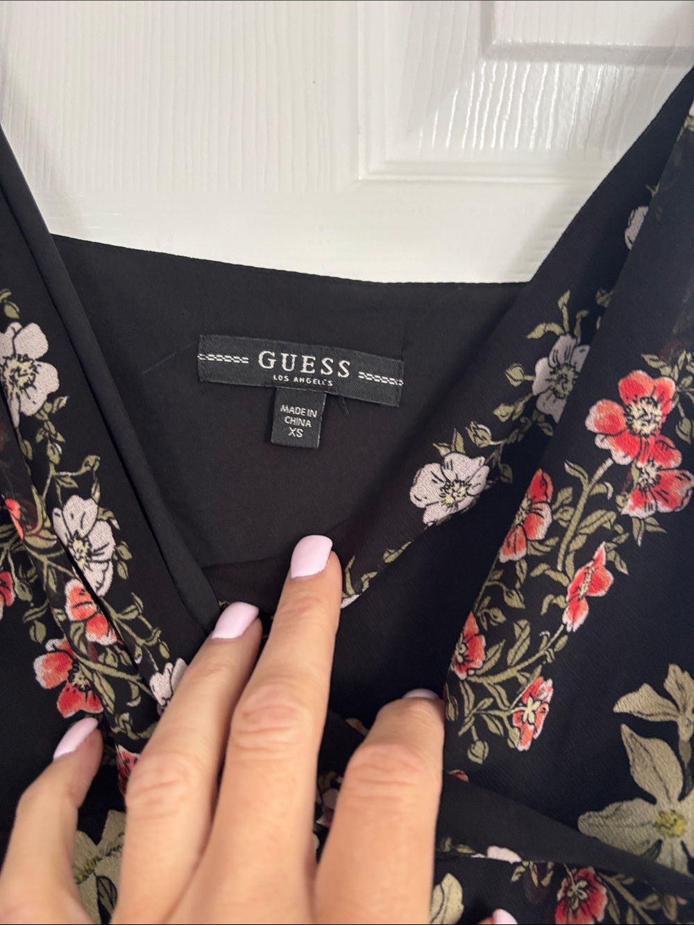 Guess Black Floral Asymmetrical Slip Dress with Red and Cream Blooms - Picture 2 of 4